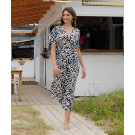Caftan Long COLLECTION ANTIGEL LA BALINAISE IKAT BLANC-NOIR