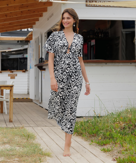 Caftan Long COLLECTION ANTIGEL LA BALINAISE IKAT BLANC-NOIR