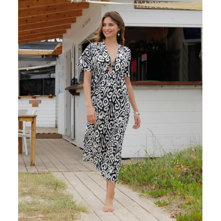 Caftan Long COLLECTION ANTIGEL LA BALINAISE IKAT BLANC-NOIR